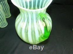 Fenton Green Opalescent Optic Art Glass Pitcher 12 Cups Night Cap Set Excellent