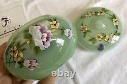 Fenton Hand Painted Fern Green Opalescent Art Glass Lidded Bowl Limited Edition