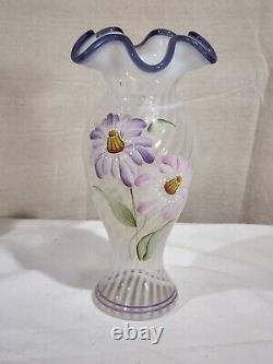 Fenton Heirloom Optic Vase Opalescent Purple Crest Hand Painted Flowers Signed