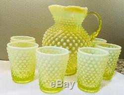 Fenton Hobnail Water Pitcher and 6 glasses Topaz Opalescent 9 tall 72 Oz