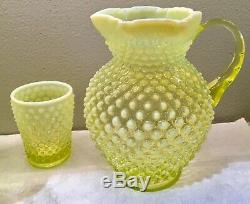 Fenton Hobnail Water Pitcher and 6 glasses Topaz Opalescent 9 tall 72 Oz