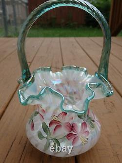 Fenton Iridized French Opalescent Spiral Optic Basket 90th 11 Family Signatures