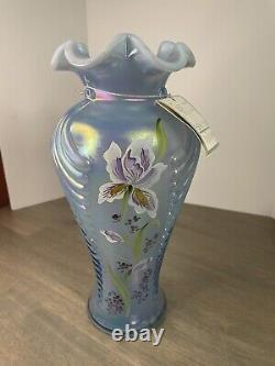 Fenton Irises Opalescent Misty Blue Satin Feather Vase Tag & Sticker 11 Signed