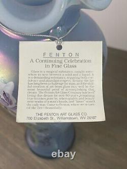 Fenton Irises Opalescent Misty Blue Satin Feather Vase Tag & Sticker 11 Signed