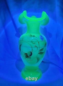 Fenton Key Lime Green Opalescent Tri Crimp Rim Hand Painted Flower Vase GLOWS