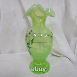 Fenton Key Lime Green Opalescent Tri Crimp Rim Hand Painted Flower Vase GLOWS