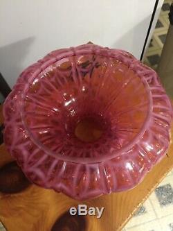 Fenton Mid-1990s Cranberry Opalescent Wedding Ring Optic 19 Student Lamp