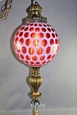 Fenton Mid Century Cranberry Opalescent CoinDot Hanging Swag Lamp