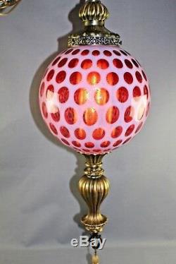 Fenton Mid Century Cranberry Opalescent CoinDot Hanging Swag Lamp