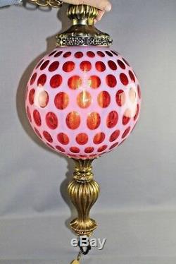 Fenton Mid Century Cranberry Opalescent CoinDot Hanging Swag Lamp