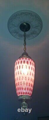 Fenton Mid Century Cranberry Opalescent CoinDot Hanging Swag Lamp