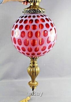 Fenton Mid Century Cranberry Opalescent CoinDot Hanging Swag Lamp