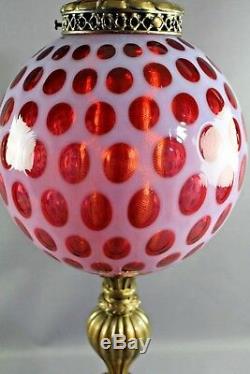 Fenton Mid Century Cranberry Opalescent CoinDot Hanging Swag Lamp