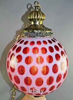 Fenton Mid Century Cranberry Opalescent CoinDot Hanging Swag Lamp