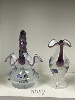 Fenton Opalescent Amethyst Purple Heirloom Optic Hand Painted Basket and Vase