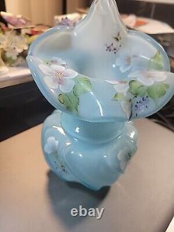 Fenton Opalescent Blue Jack In The Pulpit Vase Crest Ruffle Swirl Flowers Signed