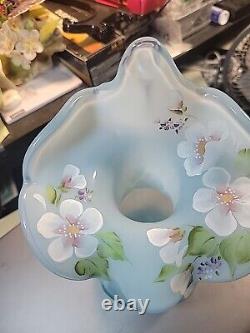 Fenton Opalescent Blue Jack In The Pulpit Vase Crest Ruffle Swirl Flowers Signed