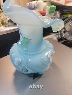 Fenton Opalescent Blue Jack In The Pulpit Vase Crest Ruffle Swirl Flowers Signed