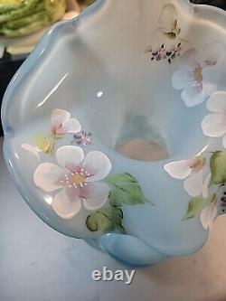 Fenton Opalescent Blue Jack In The Pulpit Vase Crest Ruffle Swirl Flowers Signed