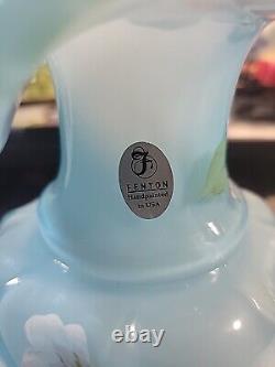 Fenton Opalescent Blue Jack In The Pulpit Vase Crest Ruffle Swirl Flowers Signed