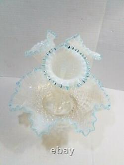Fenton Opalescent Glass Aqua Blue Crest Diamond Lace 3 Horn Epergne