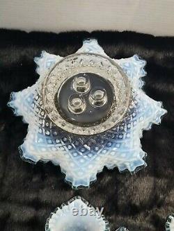 Fenton Opalescent Glass Aqua Blue Crest Diamond Lace 3 Horn Epergne