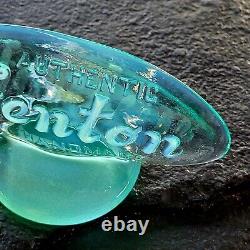 Fenton Opalescent Green Aqua Art Glass Logo Sign Display Figurine 5×2.5