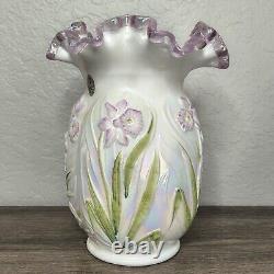 Fenton Opalescent Hand Painted Daffodil Vase Signed