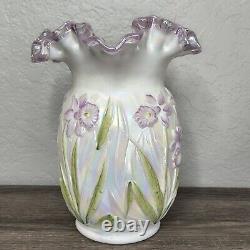 Fenton Opalescent Hand Painted Daffodil Vase Signed