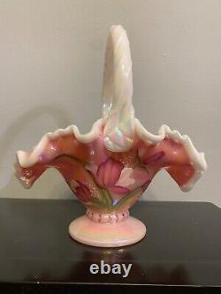 Fenton Opalescent Rosalene Hand painted Tulip basket signed by Bill Fenton