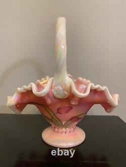 Fenton Opalescent Rosalene Hand painted Tulip basket signed by Bill Fenton