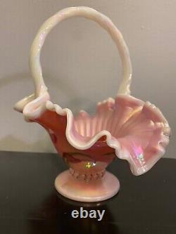 Fenton Opalescent Rosalene Hand painted Tulip basket signed by Bill Fenton