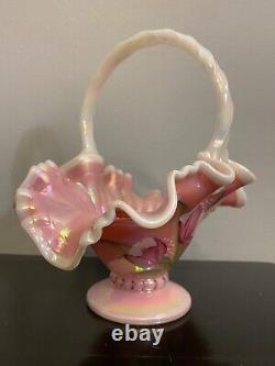 Fenton Opalescent Rosalene Hand painted Tulip basket signed by Bill Fenton