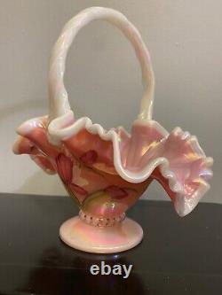 Fenton Opalescent Rosalene Hand painted Tulip basket signed by Bill Fenton