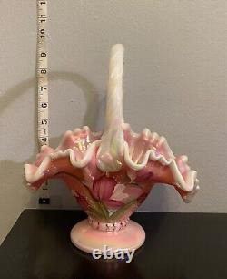 Fenton Opalescent Rosalene Hand painted Tulip basket signed by Bill Fenton