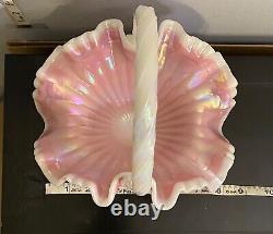 Fenton Opalescent Rosalene Hand painted Tulip basket signed by Bill Fenton