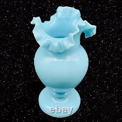 Fenton Opaline Glass Light Blue Hand Blown Ruffled Top Vase 6.5T 3.25W