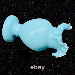 Fenton Opaline Glass Light Blue Hand Blown Ruffled Top Vase 6.5T 3.25W