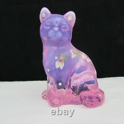 Fenton Pink Chiffon Opalescent Floral Hand Painted Sitting Cat LE 2001 C1527