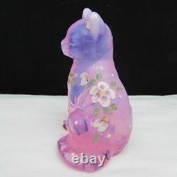 Fenton Pink Chiffon Opalescent Floral Hand Painted Sitting Cat LE 2001 C1527