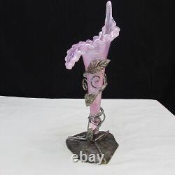 Fenton Pink Opalescent Iridized One Horn Epergne with Metal Leaf Stand W118