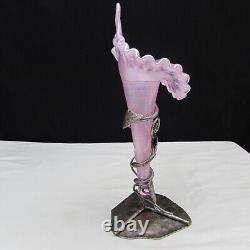 Fenton Pink Opalescent Iridized One Horn Epergne with Metal Leaf Stand W118