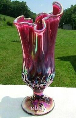 Fenton Plum Opalescent Iridized Lily of the Valley Handkerchief Vase 7.5H