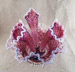 Fenton Plum Purple Opalescent Hobnail Glass 3 Horn Epergne Flower Vase Bowl