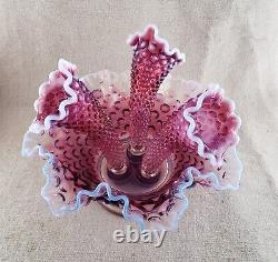 Fenton Plum Purple Opalescent Hobnail Glass 3 Horn Epergne Flower Vase Bowl