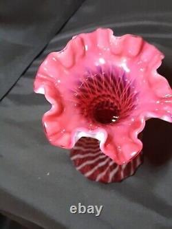 Fenton Rare Museum Piece QVC Cranberry Opalescent Spiral Optic Wheat Vase 7.5