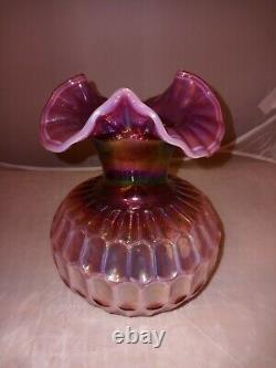 Fenton Raspberry Plum Carnival Opalescent Glass Thumbprint Vase 7.5H Rare