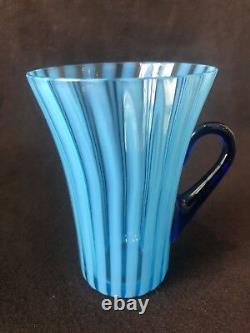 Fenton Rib Optic Blue Lemonade Lidded Pitcher and 4 Mug Cup Handle Opalescent