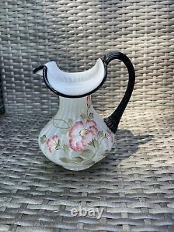 Fenton Rib Optic Opalescent White & Black Crest Pitcher Rose Hand Painted & Sign