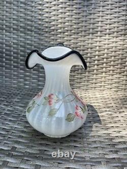 Fenton Rib Optic Opalescent White & Black Crest Pitcher Rose Hand Painted & Sign